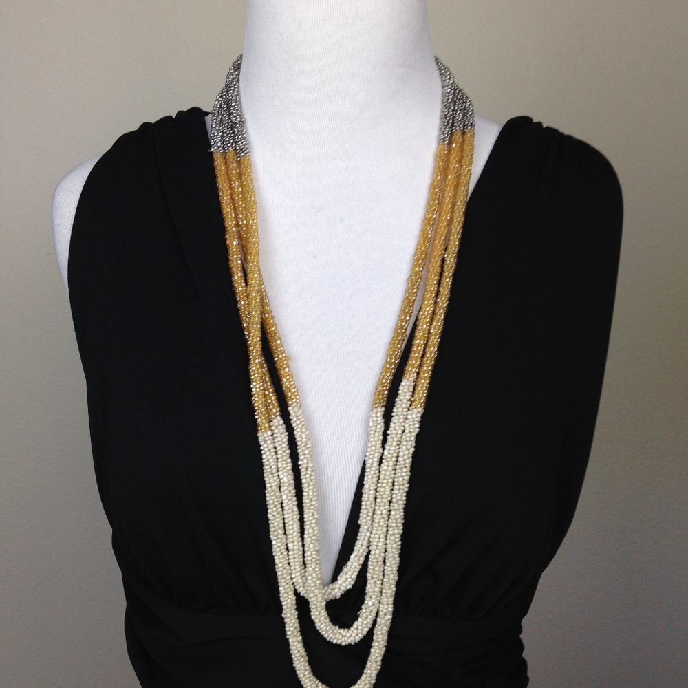 LOFT Multi-Strand Beaded Necklace in Gold, Cream and Silver